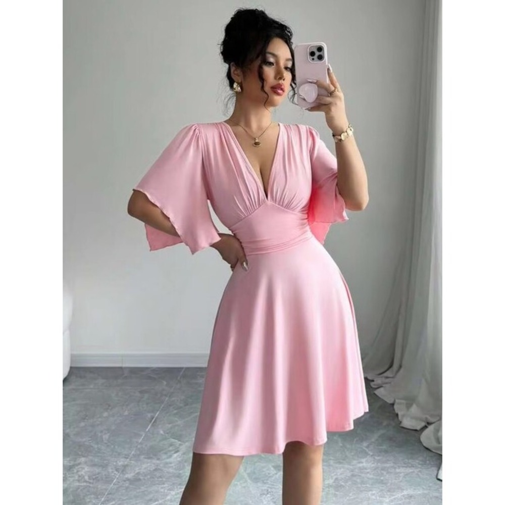 Cute Blush Pink Fit & Flare Skater Dress V-Neck Flutter Sleeve Mini Size Small
